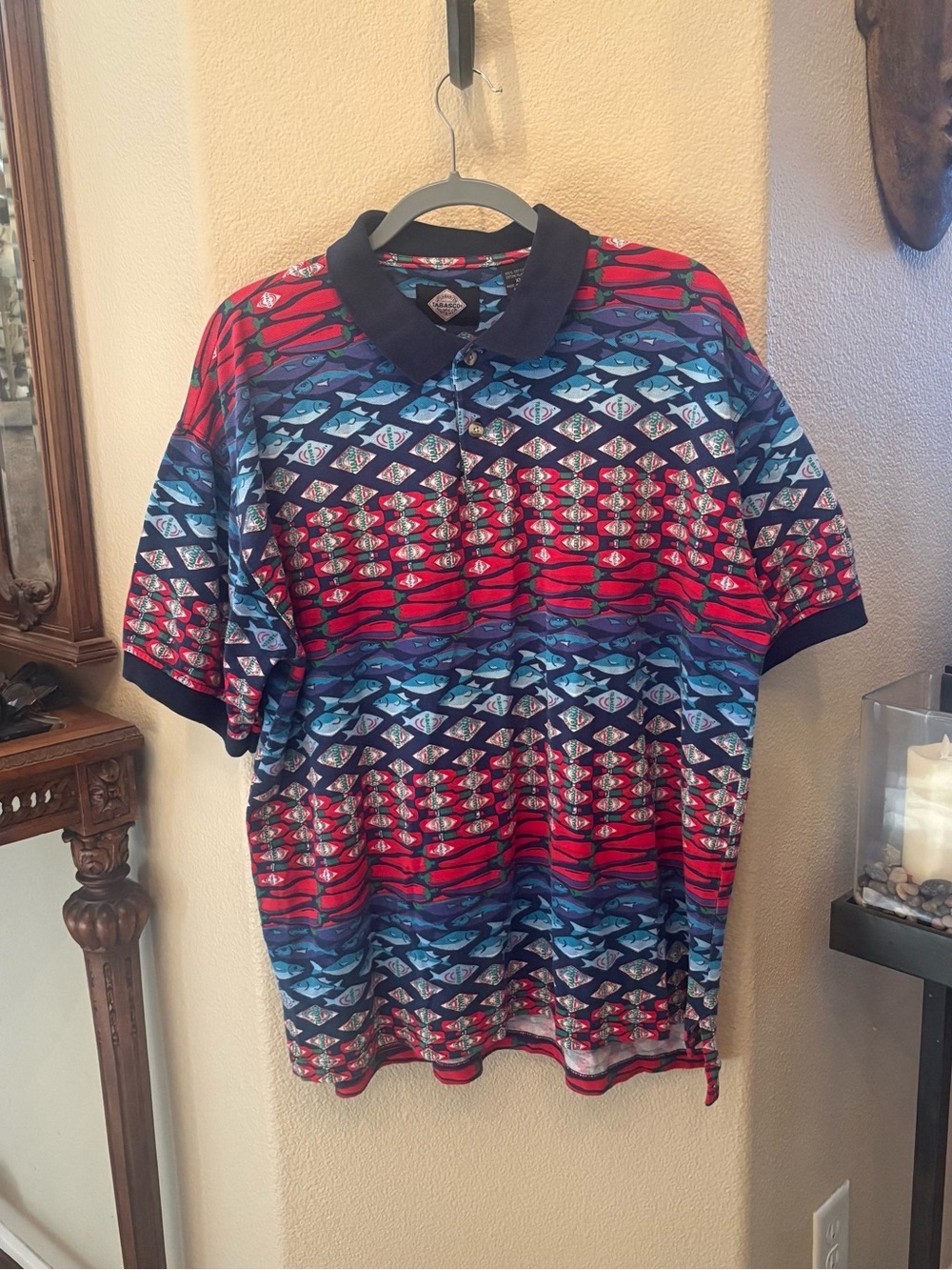 Vintage Men Multicolor Fun Tabasco Fish Print Polo Shirt Size XL